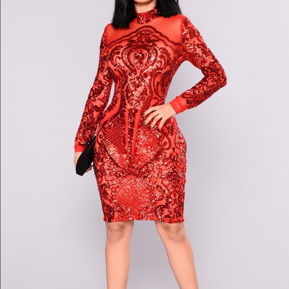 Red mesh sequin long sleeve past knee dress - Picture 2 of 9